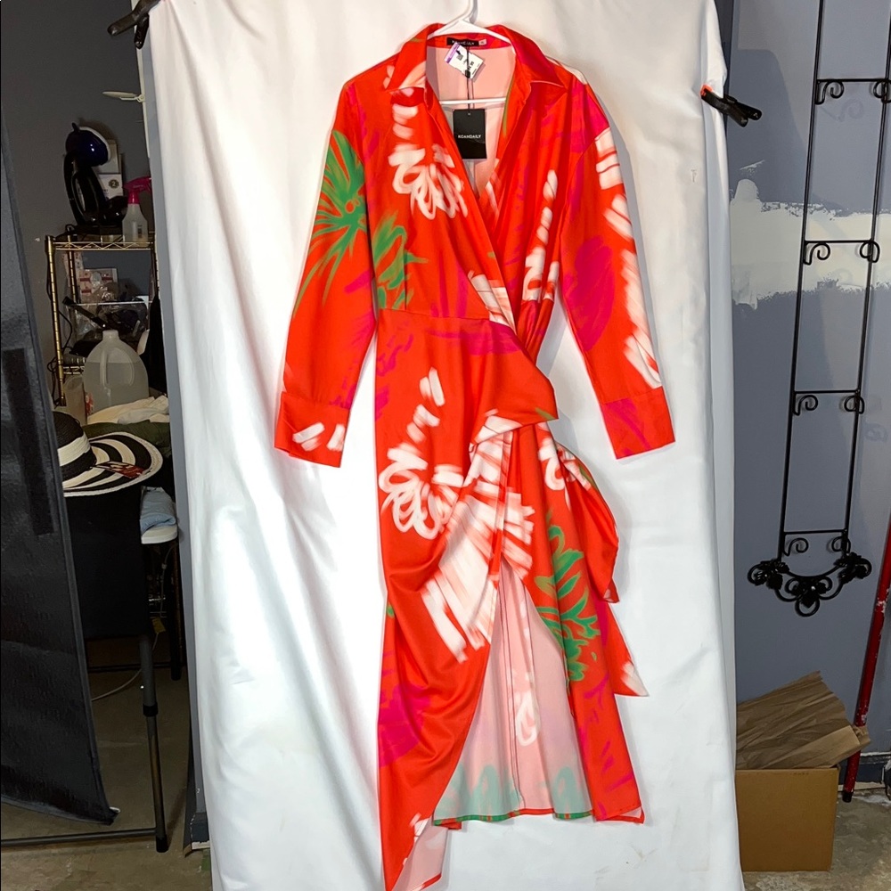 KOAN DAILY Vibrant Floral Wrap Dress Long Sleeve cuffed Sz XL - Picture 8 of 15